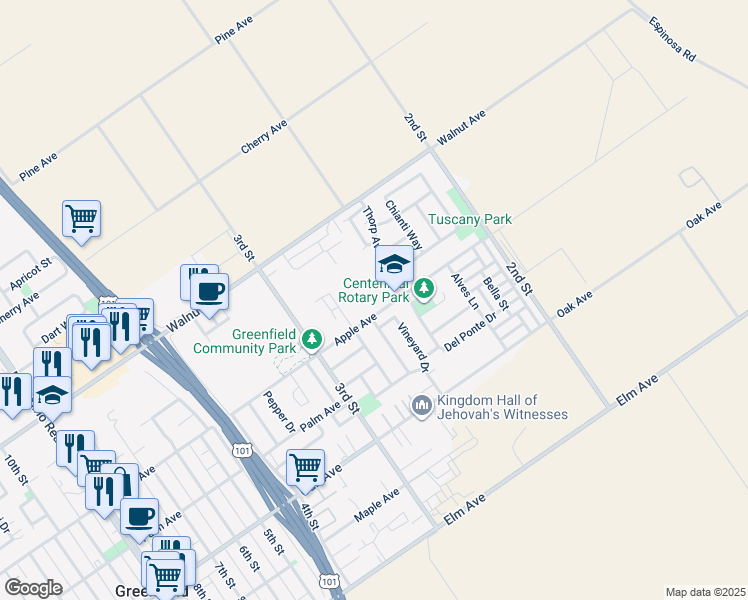 map of restaurants, bars, coffee shops, grocery stores, and more near 250 Apple Avenue in Greenfield