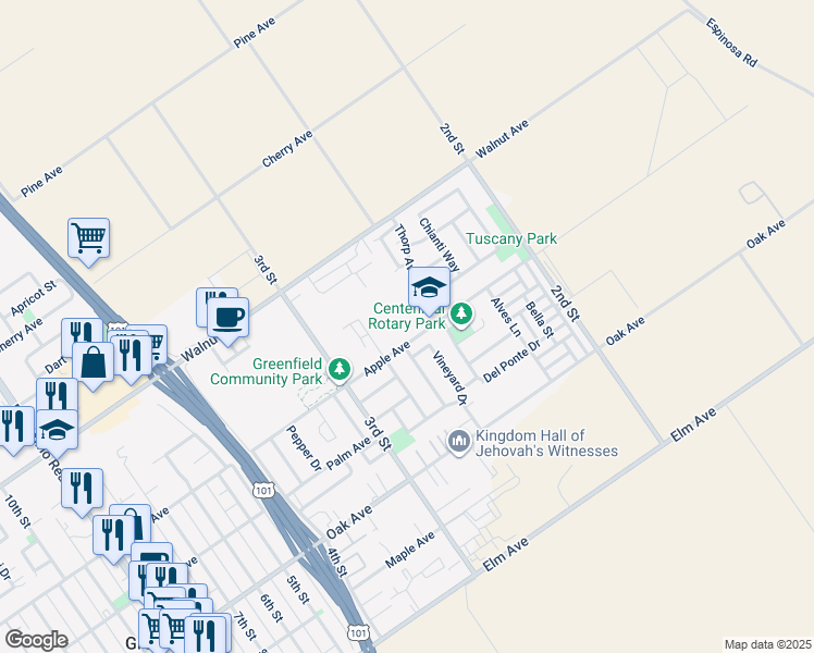map of restaurants, bars, coffee shops, grocery stores, and more near 250 Apple Avenue in Greenfield