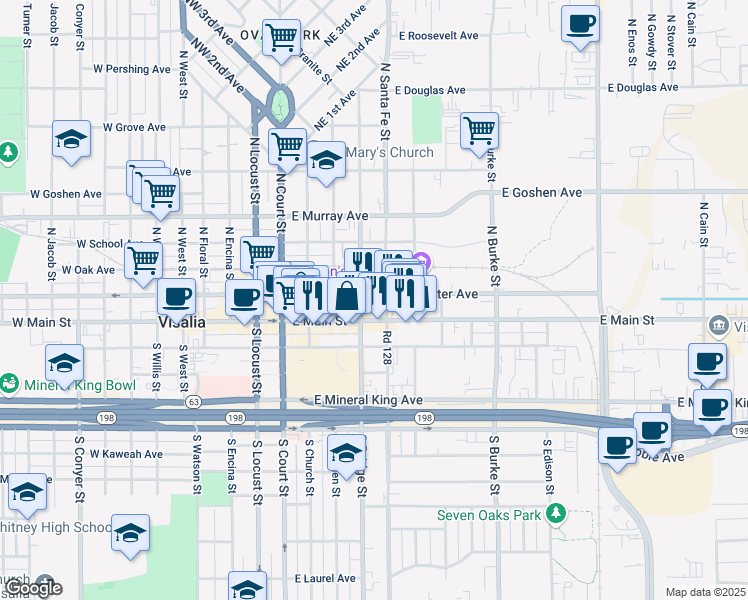 map of restaurants, bars, coffee shops, grocery stores, and more near 425 East Oak Avenue in Visalia