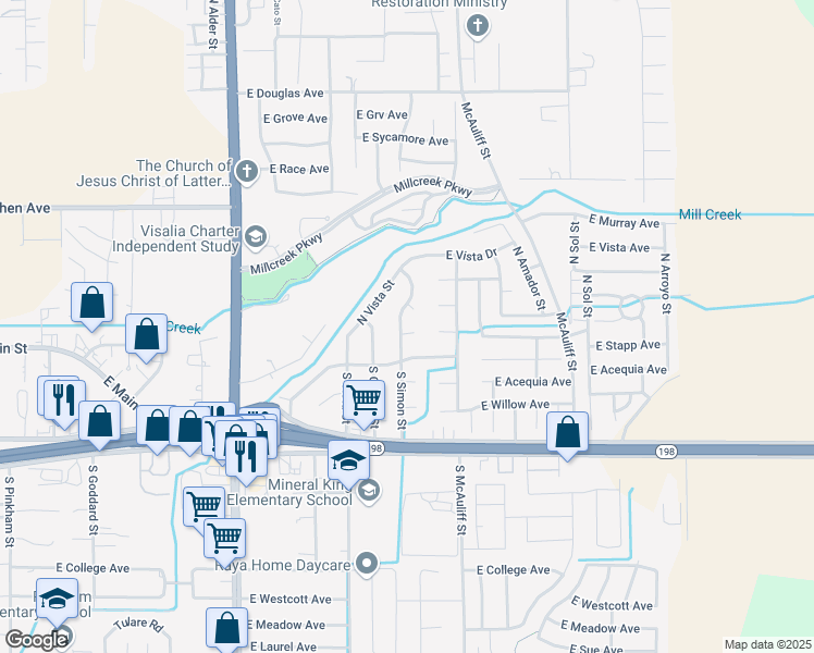 map of restaurants, bars, coffee shops, grocery stores, and more near 3512 East Center Court in Visalia