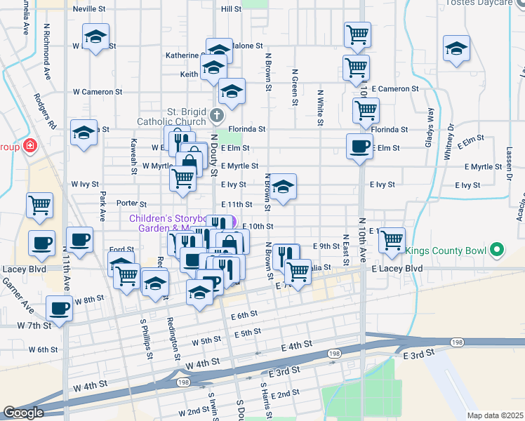 map of restaurants, bars, coffee shops, grocery stores, and more near 230 East 11th Street in Hanford