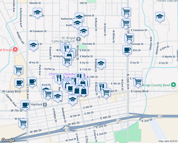 map of restaurants, bars, coffee shops, grocery stores, and more near 130 East 11th Street in Hanford