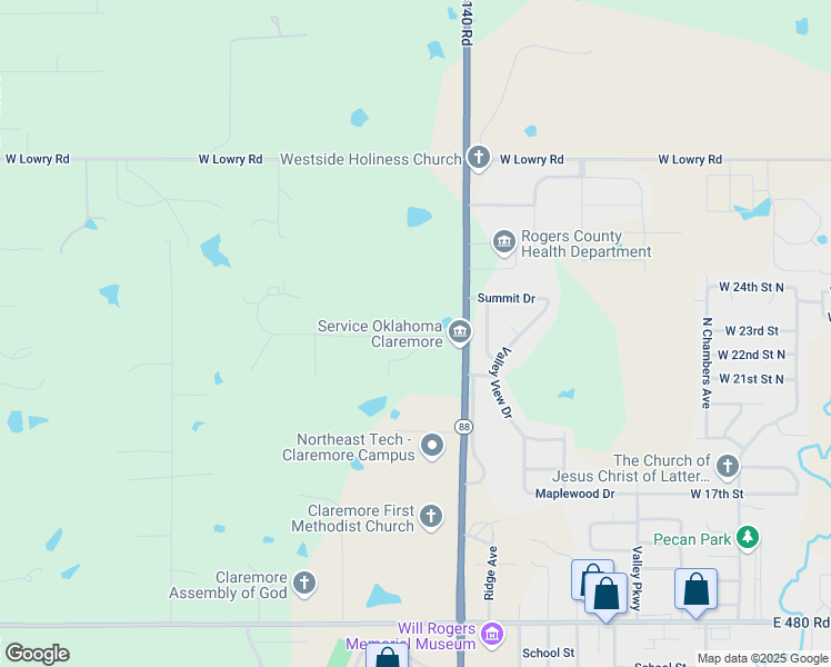 map of restaurants, bars, coffee shops, grocery stores, and more near 2297 Oklahoma 88 in Claremore