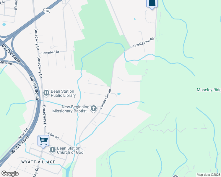 map of restaurants, bars, coffee shops, grocery stores, and more near 70 County Line Road in Mooresburg