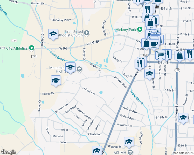 map of restaurants, bars, coffee shops, grocery stores, and more near 500 Bomber Boulevard in Mountain Home