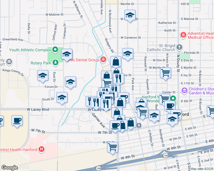 map of restaurants, bars, coffee shops, grocery stores, and more near 580 North 11th Avenue in Hanford