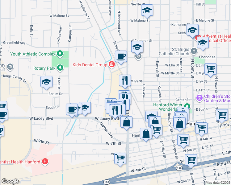 map of restaurants, bars, coffee shops, grocery stores, and more near 580 North 11th Avenue in Hanford