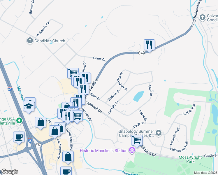map of restaurants, bars, coffee shops, grocery stores, and more near 514 Elba Drive in Goodlettsville