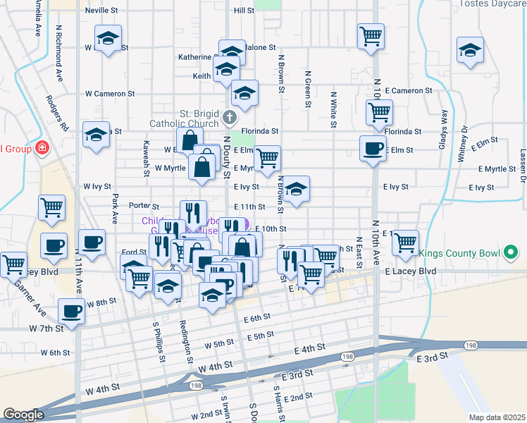 map of restaurants, bars, coffee shops, grocery stores, and more near 130 East 11th Street in Hanford