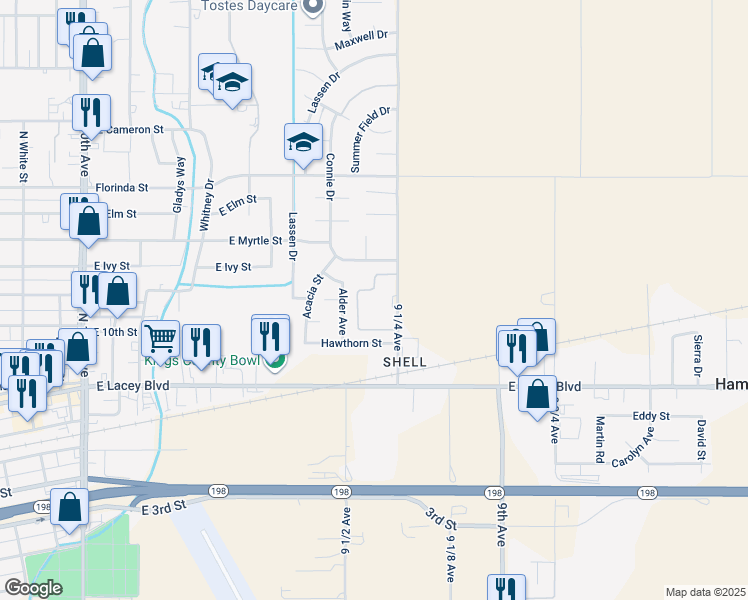 map of restaurants, bars, coffee shops, grocery stores, and more near 698 Alder Avenue in Hanford