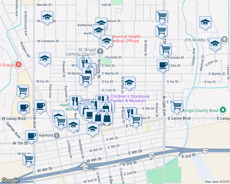 map of restaurants, bars, coffee shops, grocery stores, and more near 130 East 11th Street in Hanford