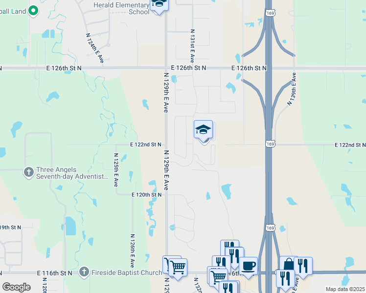 map of restaurants, bars, coffee shops, grocery stores, and more near 12304 North 131st East Avenue in Owasso