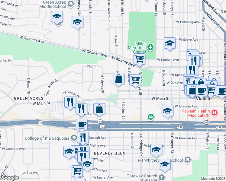 map of restaurants, bars, coffee shops, grocery stores, and more near 205 North Hall Street in Visalia