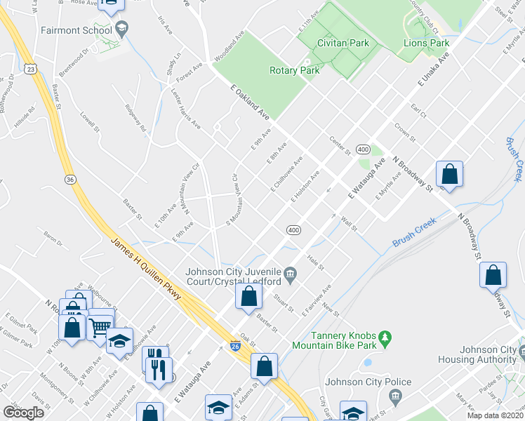 map of restaurants, bars, coffee shops, grocery stores, and more near 800 East Chilhowie Avenue in Johnson City