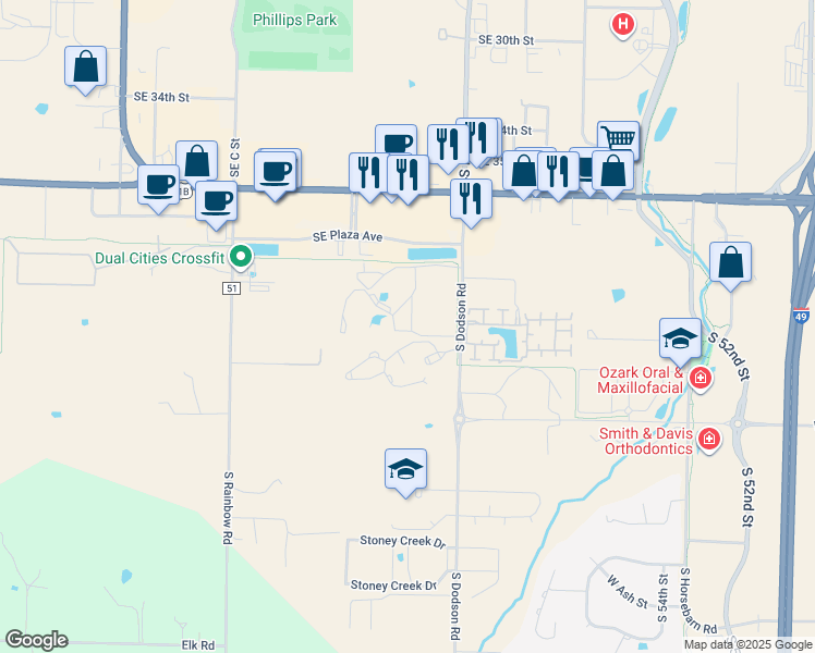 map of restaurants, bars, coffee shops, grocery stores, and more near 335 South Dodson Road in Rogers