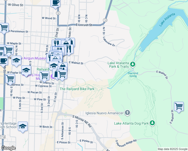 map of restaurants, bars, coffee shops, grocery stores, and more near 515 East Spring Street in Rogers