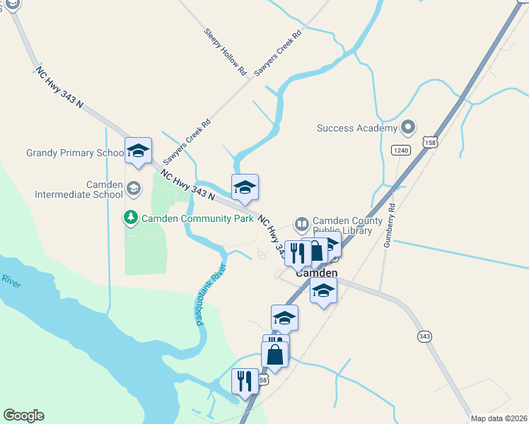 map of restaurants, bars, coffee shops, grocery stores, and more near 196 North Carolina Highway 343 North in Camden