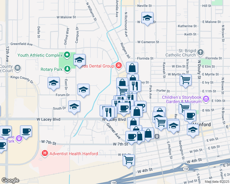 map of restaurants, bars, coffee shops, grocery stores, and more near 500 Greenfield Avenue in Hanford
