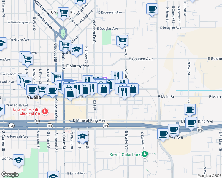 map of restaurants, bars, coffee shops, grocery stores, and more near East Center Avenue in Visalia