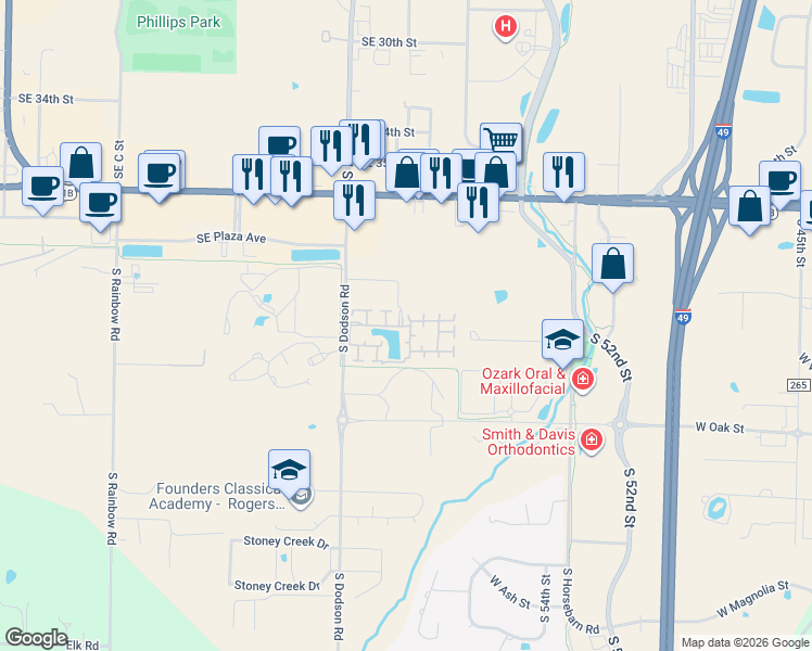 map of restaurants, bars, coffee shops, grocery stores, and more near 513 South Dodson Road in Rogers