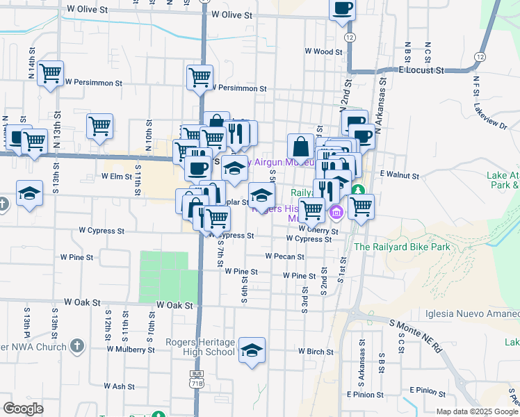 map of restaurants, bars, coffee shops, grocery stores, and more near 506 West Poplar Street in Rogers