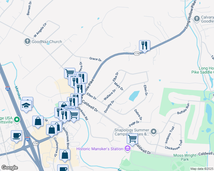 map of restaurants, bars, coffee shops, grocery stores, and more near 514 Elba Drive in Goodlettsville
