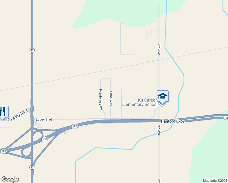 map of restaurants, bars, coffee shops, grocery stores, and more near 9767 Edna Way in Hanford