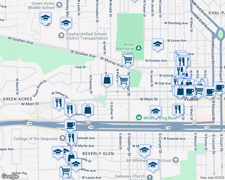 map of restaurants, bars, coffee shops, grocery stores, and more near 1435 West Oak Avenue in Visalia