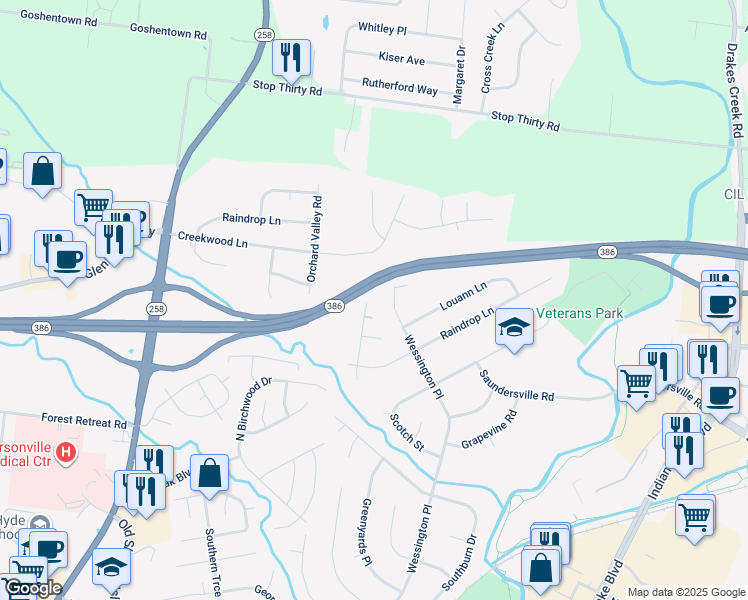map of restaurants, bars, coffee shops, grocery stores, and more near 122 Yorkside Place in Hendersonville