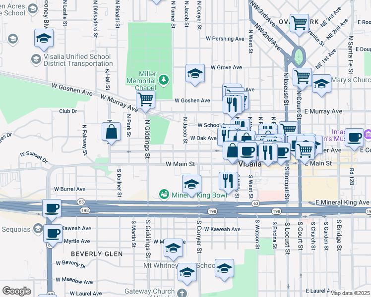 map of restaurants, bars, coffee shops, grocery stores, and more near 201-299 North Jacob Street in Visalia