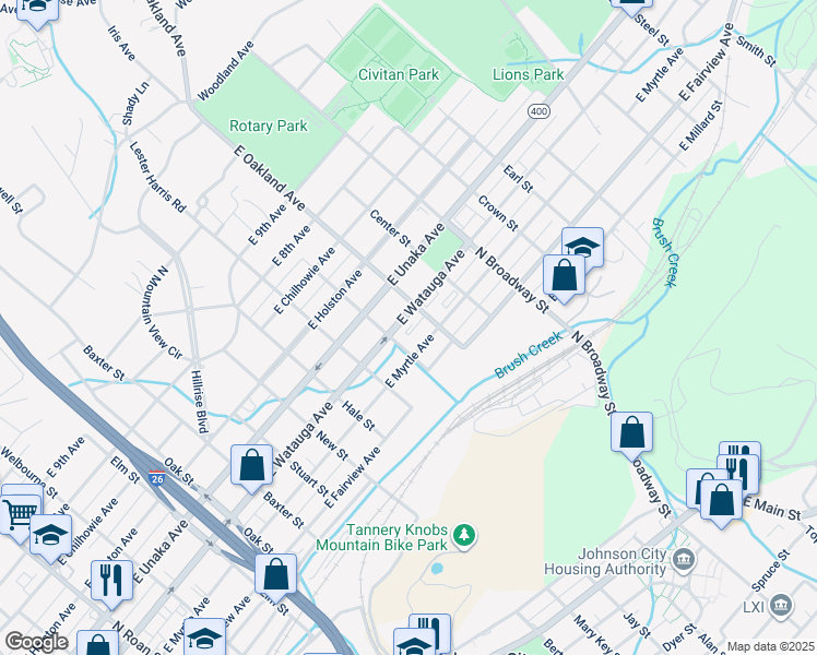 map of restaurants, bars, coffee shops, grocery stores, and more near 1004 East Watauga Avenue in Johnson City