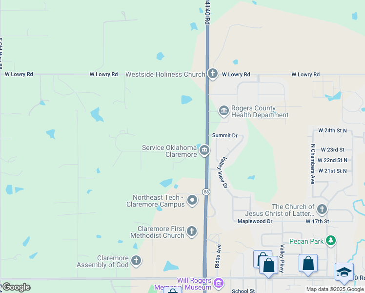 map of restaurants, bars, coffee shops, grocery stores, and more near 2104 21st Street North in Claremore