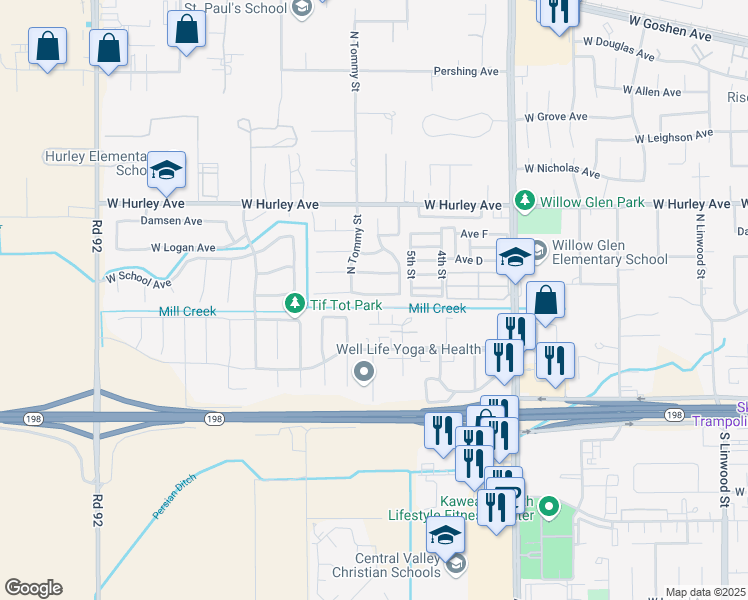 map of restaurants, bars, coffee shops, grocery stores, and more near 5817 West Crowley Avenue in Visalia