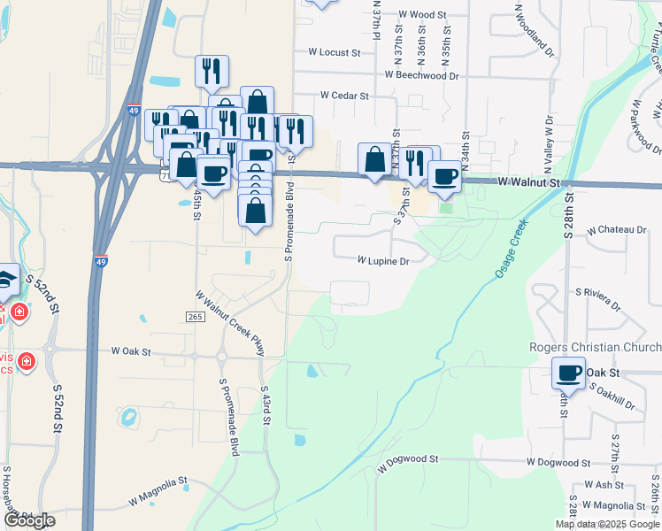 map of restaurants, bars, coffee shops, grocery stores, and more near 3904 West Lupine Way in Rogers