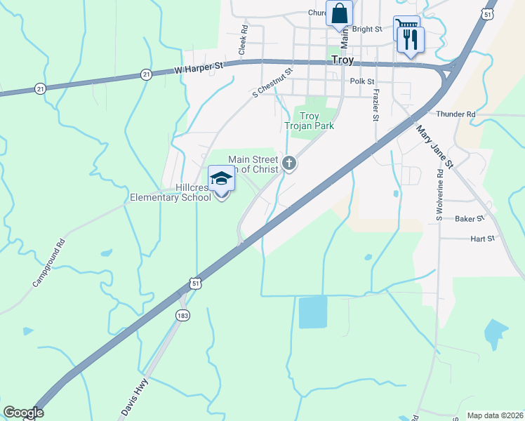 map of restaurants, bars, coffee shops, grocery stores, and more near 701 Johnson Crossing Lane in Troy