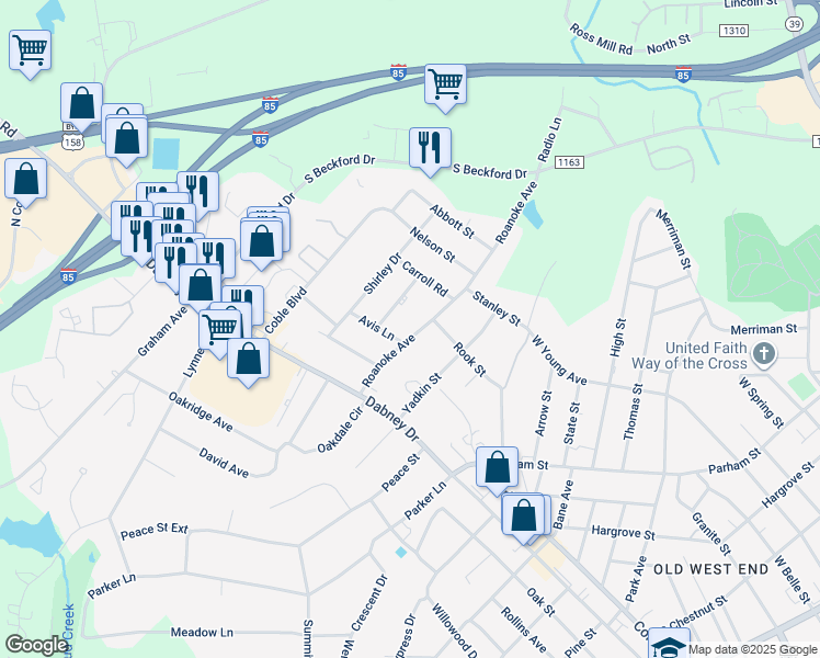 map of restaurants, bars, coffee shops, grocery stores, and more near 1122 Roanoke Avenue in Henderson