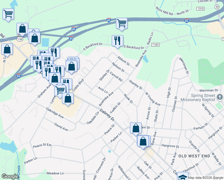 map of restaurants, bars, coffee shops, grocery stores, and more near 1122 Roanoke Avenue in Henderson