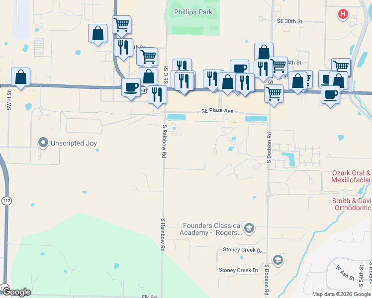 map of restaurants, bars, coffee shops, grocery stores, and more near 1501 South Rainbow Road in Rogers