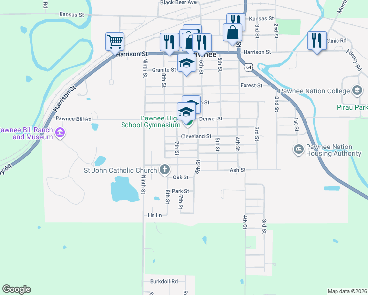 map of restaurants, bars, coffee shops, grocery stores, and more near 624 Boulder Street in Pawnee