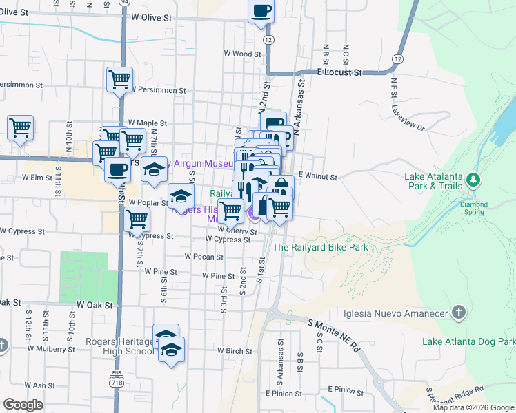 map of restaurants, bars, coffee shops, grocery stores, and more near 121 West Poplar Street in Rogers