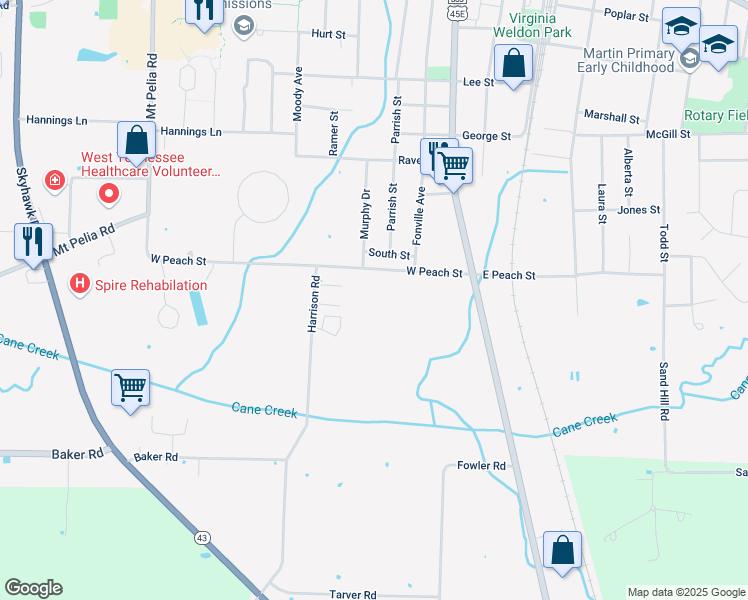 map of restaurants, bars, coffee shops, grocery stores, and more near 146 West Peach Street in Martin