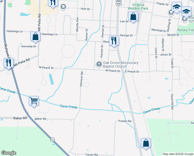map of restaurants, bars, coffee shops, grocery stores, and more near 146 West Peach Street in Martin