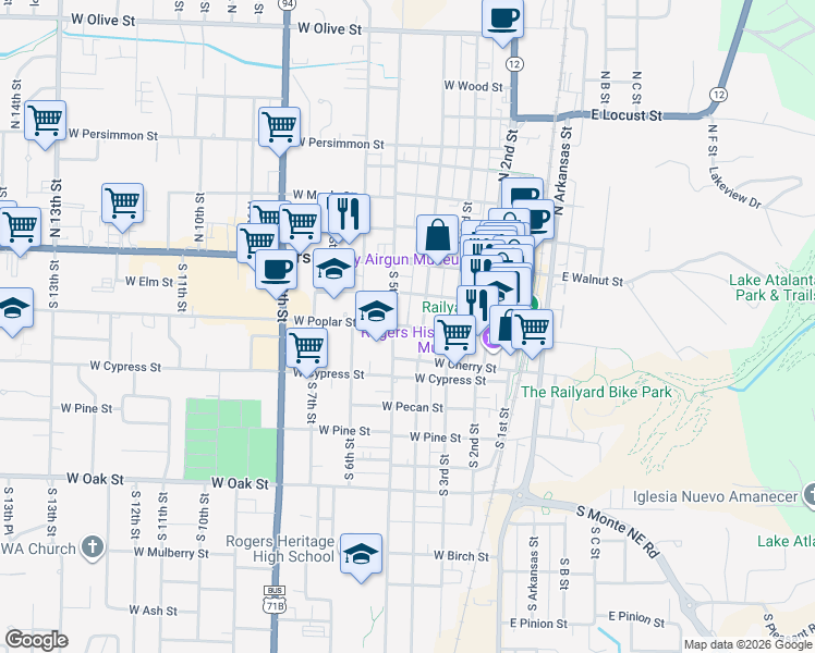 map of restaurants, bars, coffee shops, grocery stores, and more near 410 West Poplar Street in Rogers