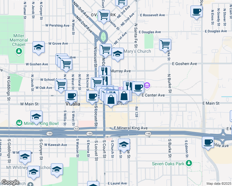 map of restaurants, bars, coffee shops, grocery stores, and more near 210 N Church St in Visalia