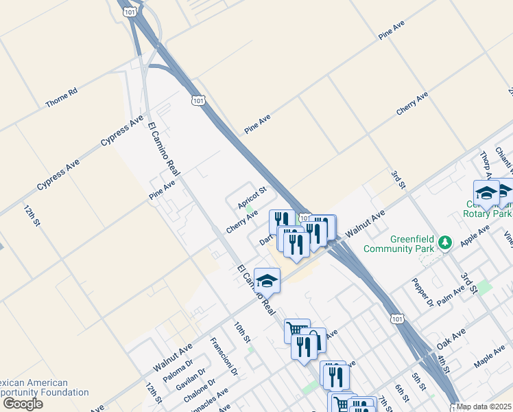map of restaurants, bars, coffee shops, grocery stores, and more near 796 Cherry Avenue in Greenfield