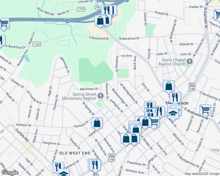 map of restaurants, bars, coffee shops, grocery stores, and more near 621 Ransom Street in Henderson