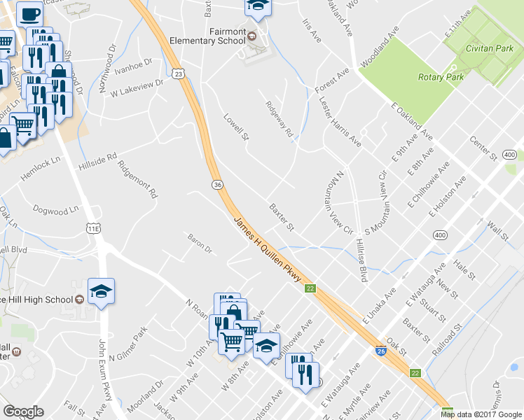 map of restaurants, bars, coffee shops, grocery stores, and more near 1119 Baxter Street in Johnson City