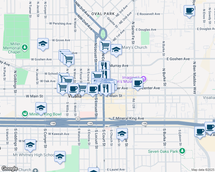 map of restaurants, bars, coffee shops, grocery stores, and more near in Visalia