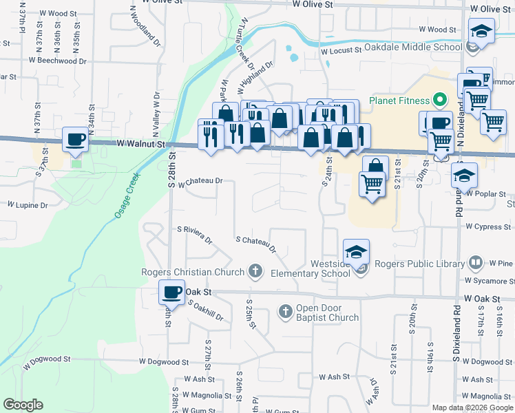 map of restaurants, bars, coffee shops, grocery stores, and more near 2817 West Rife Circle in Rogers