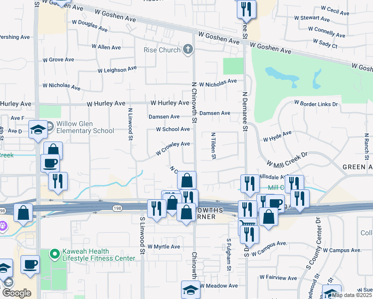 map of restaurants, bars, coffee shops, grocery stores, and more near 220 North Frank Street in Visalia
